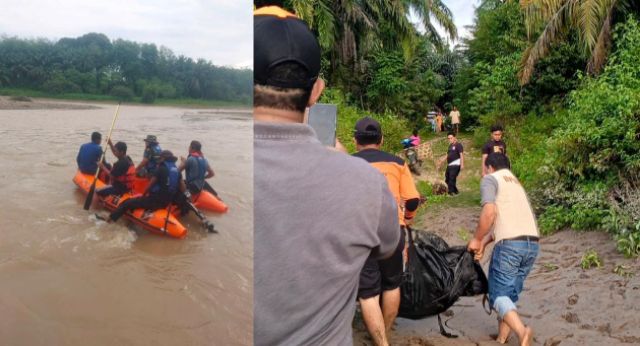 Satgas BPBD Paluta bersama warga sekitar melakukan upaya pencarian di sepanjang aliran sungai, Sabtu (24/8) dan Petugas gabungan saat mengevakuasi jasad korban hanyut, Minggu (25) 8/2024)